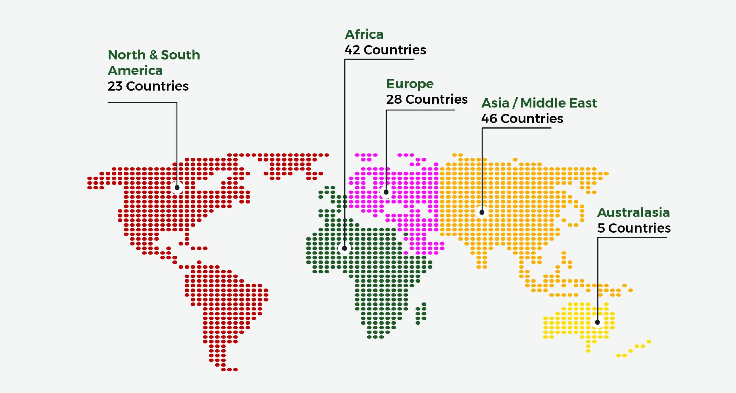 Dotted world map of Altamont Advisory delivery footprint by region with country counts